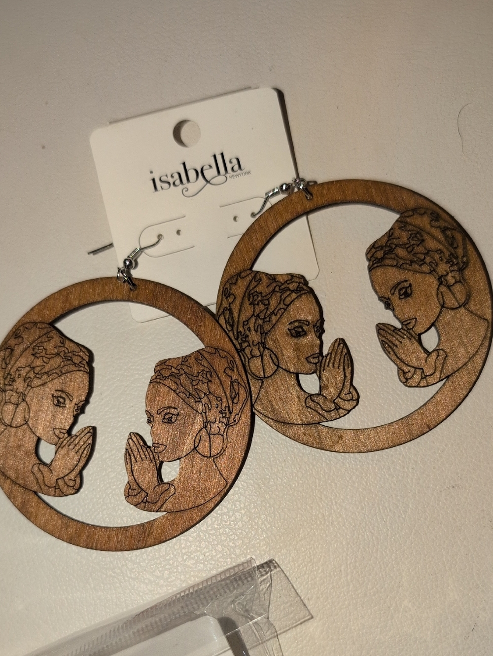 Isabella Wooden Hoop Earrings with Praying Woman Design - Brown